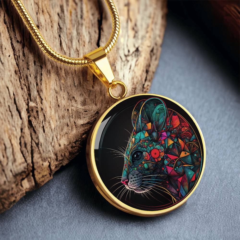 An elegant gold pendant multicolored Chinese Zodiac Rat Necklace. This jewelry offers personalization with an engraving option for a name.