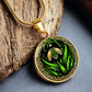 Elegant gold pendant featuring a vivid Snowdrop Birth Flower Necklace, January birth month flower, set against a Green & Black backdrop with a Celtic border. This jewelry offers personalization with an engraving option for a name.
