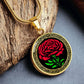 An elegant Celtic gold pendant January Birth Flower Carnation necklace. A vivid red carnation, green stem & leaves, set against a gold & black backdrop. This jewelry offers personalization with an engraving option for a name.