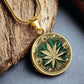 an Elegant gold pendant Weed Leaf necklace featuring a Green and Gold Marijuana Leaf. This jewelry offers personalization with an engraving option for a name.