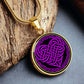Elegant gold pendant featuring a vivid purple Heart Celtic Necklace set against a Black & Gold backdrop. This jewelry offers personalization with an engraving option for a name.