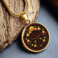 an elegant gold pendant Marigold Celtic Tree of Life Necklace. The Colors are yellow, green, brown and black. This jewelry offers personalization with an engraving option for a name.