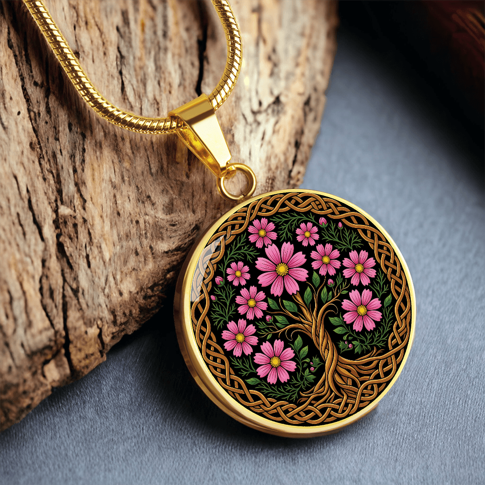 Celtic Tree of Life Pendant Necklace - Cosmos October Birth Flower Jewelry