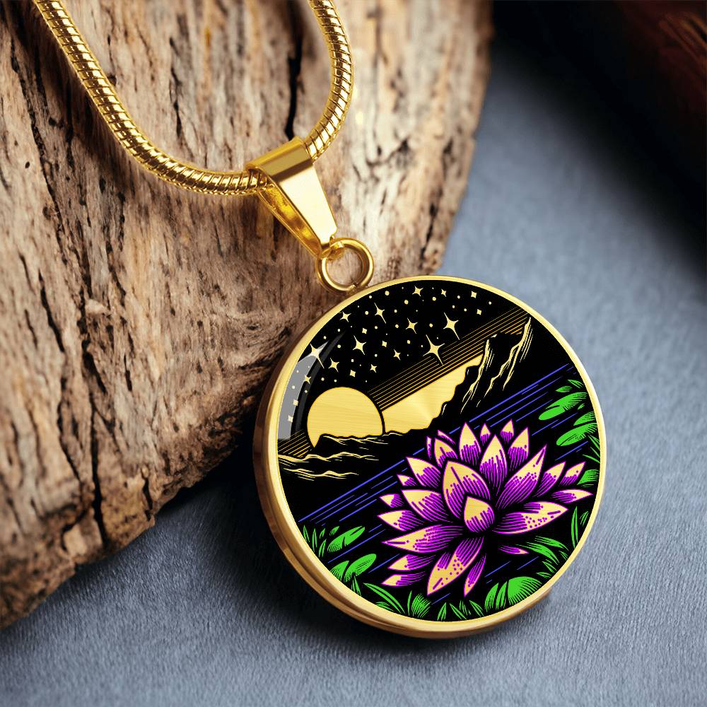 An Elegant gold pendant Water Lily Necklace featuring Mountains, Stars, Yellow outline Sun, Green grass Lily Pads, Blue Water, Pink lily, black and gold Background. This jewelry offers personalization engraving option for a name.