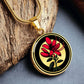 Elegant gold pendant featuring a vivid red honeysuckle, Junes birth month flower, set against a subtle tan backdrop. This necklace offers personalization with an engraving option for a name.