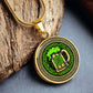 Elegant Gold pendant featuring a vivid Green Celtic Knots Necklace with a Green Beer Stein , set against a Black & gold backdrop. This jewelry offers personalization with an engraving option for a name.