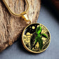 an Elegant gold pendant featuring a vivid Green Turtle Necklace with a moon, Stars, Clouds and Ocean set against a black backdrop. This jewelry offers personalization with an engraving option for a name.