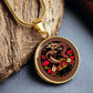 An Elegant gold pendant featuring a Year of the Snake and Year of The Dragon Necklace in red, yellow, gold and black. This jewelry offers personalization with an engraving option for a name.
