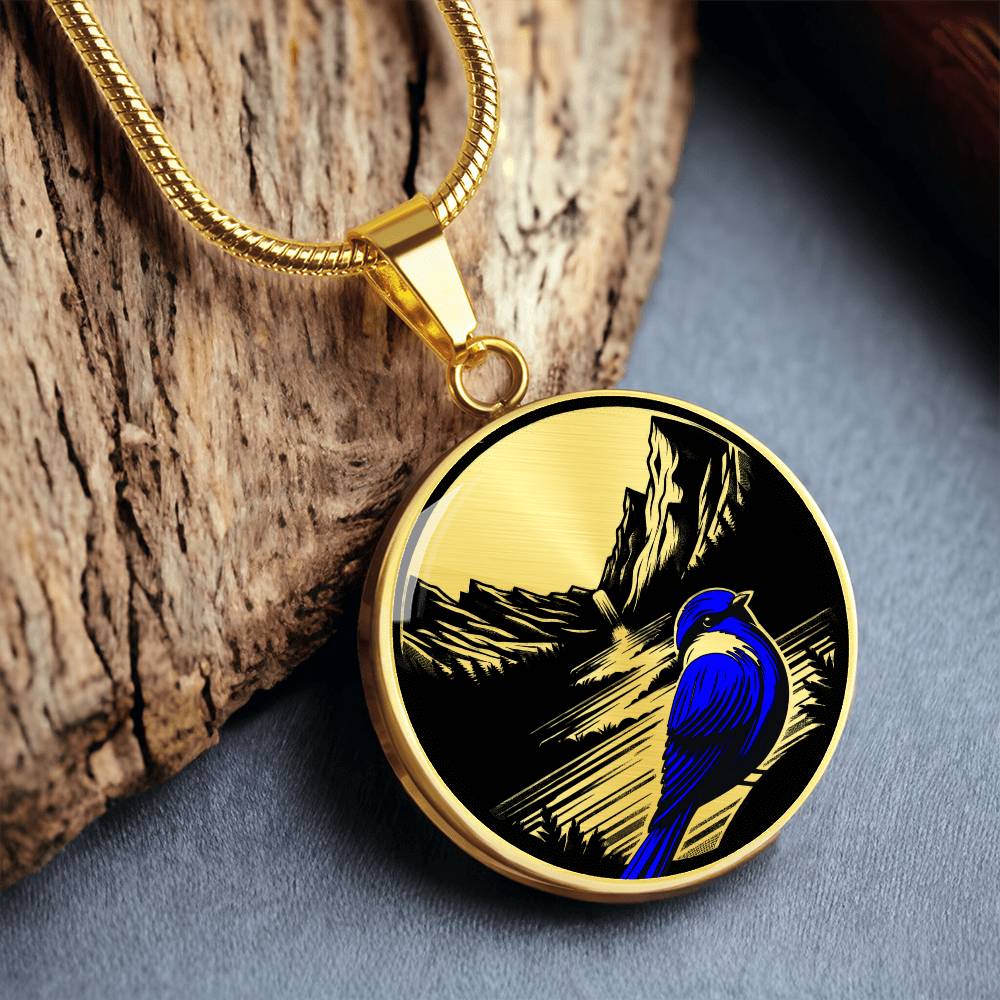 Bluebird Necklace, Golden Bird Jewelry Gifts For Her or Him, Idaho State Bird Glass Pendant Necklace, Engraved Nature Custom Charm Necklace