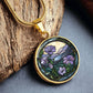 Gold Pendant Purple Morning Glory necklace, With green grass, a Yellow sky and purple mountains, Blue Lake, Muti Colored Border. This necklace offers personalization option for a name.