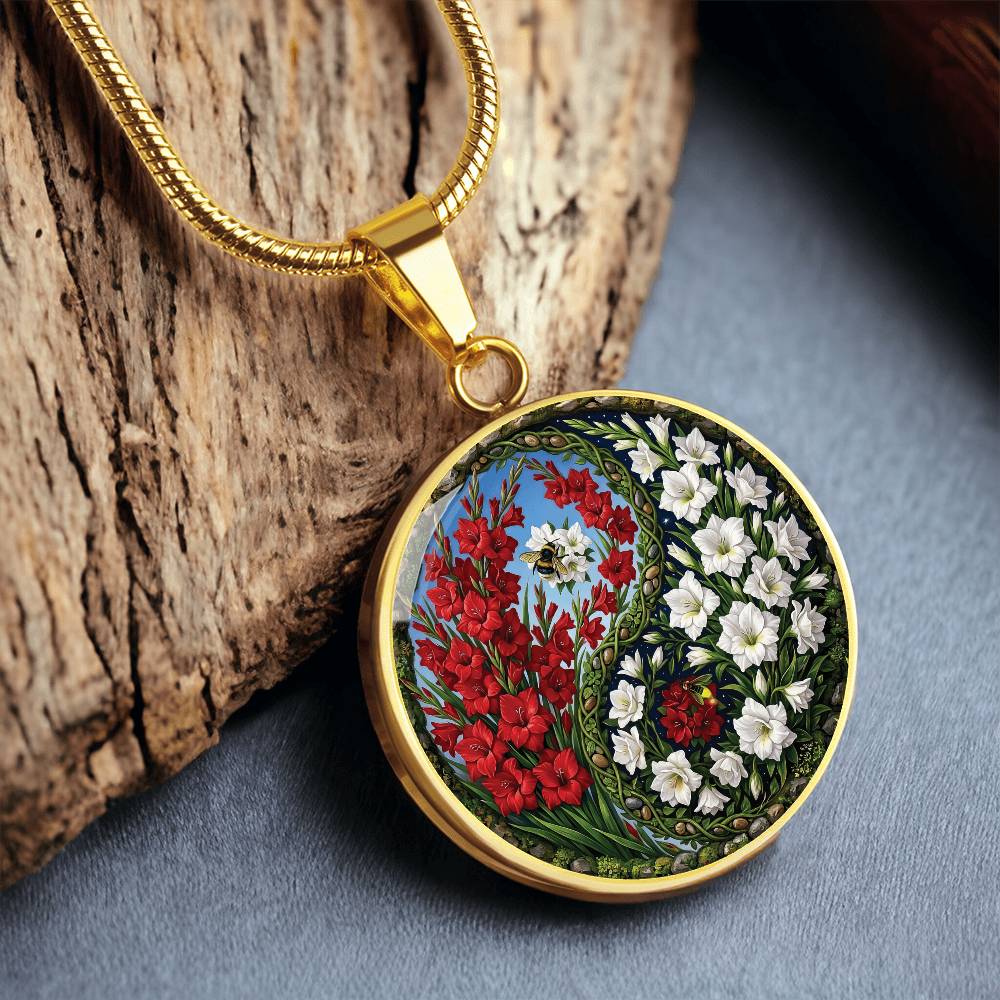 Gladiolus Yin Yang Necklace - August Birth Month Flower Pendant Jewelry