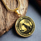 Elegant gold pendant Celtic Wolf necklace With a Gold and Black background. This jewelry offers personalization with an engraving option for a name.