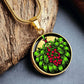Elegant gold pendant necklace featuring a vivid Mistletoe with red berries set against a gold & black backdrop. This necklace offers personalization with an engraving option for a name.
