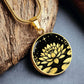 An Elegant gold pendant Water Lily Necklace featuring Stars, Lily Pads and a Water lily, all in black and gold. This jewelry offers personalization with an engraving option for a name.