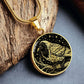 An elegant gold pendant Crow Necklace. The colors are gold and black. This jewelry offers personalization with an engraving option for a name.