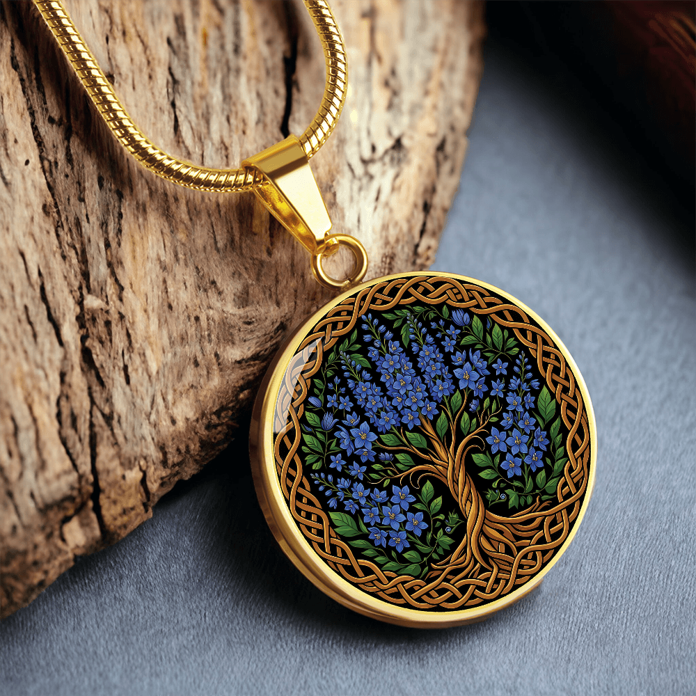 Celtic Tree of Life Pendant Necklace - Larkspur July Birth Flower Jewelry