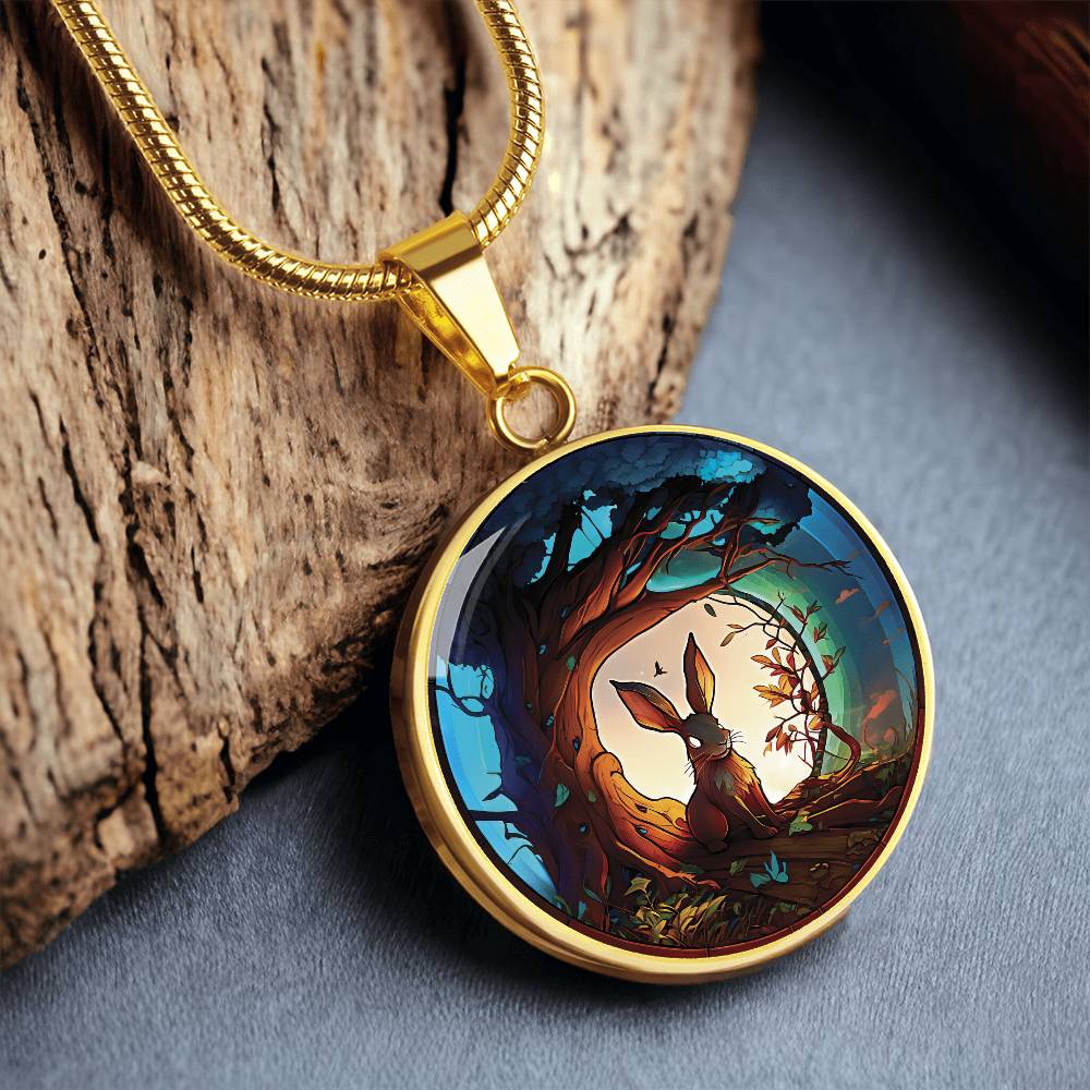 an elegant gold pendant Wood Rabbit Necklace. The Colors are brown, white, green, blue, yellow and red. This jewelry offers personalization with an engraving option for a name.