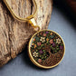 An elegant gold pendant Honeysuckle Celtic Tree of Life Necklace. The Colors are yellow, white, pink, purple, green, brown and black. This jewelry offers personalization with an engraving option for a name.