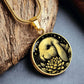 an Elegant gold pendant Water Lily Bunny necklace. Colors are gold with a black background. This jewelry offers personalization with an engraving option for a name.