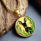 An Elegant gold pendant Deer Necklace. All in gold and black with green leaves. This jewelry offers personalization with an engraving option for a name.