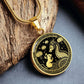 An Elegant gold pendant featuring a Year of the Rat and Year of The Dragon Necklace in gold and black. This jewelry offers personalization with an engraving option for a name.