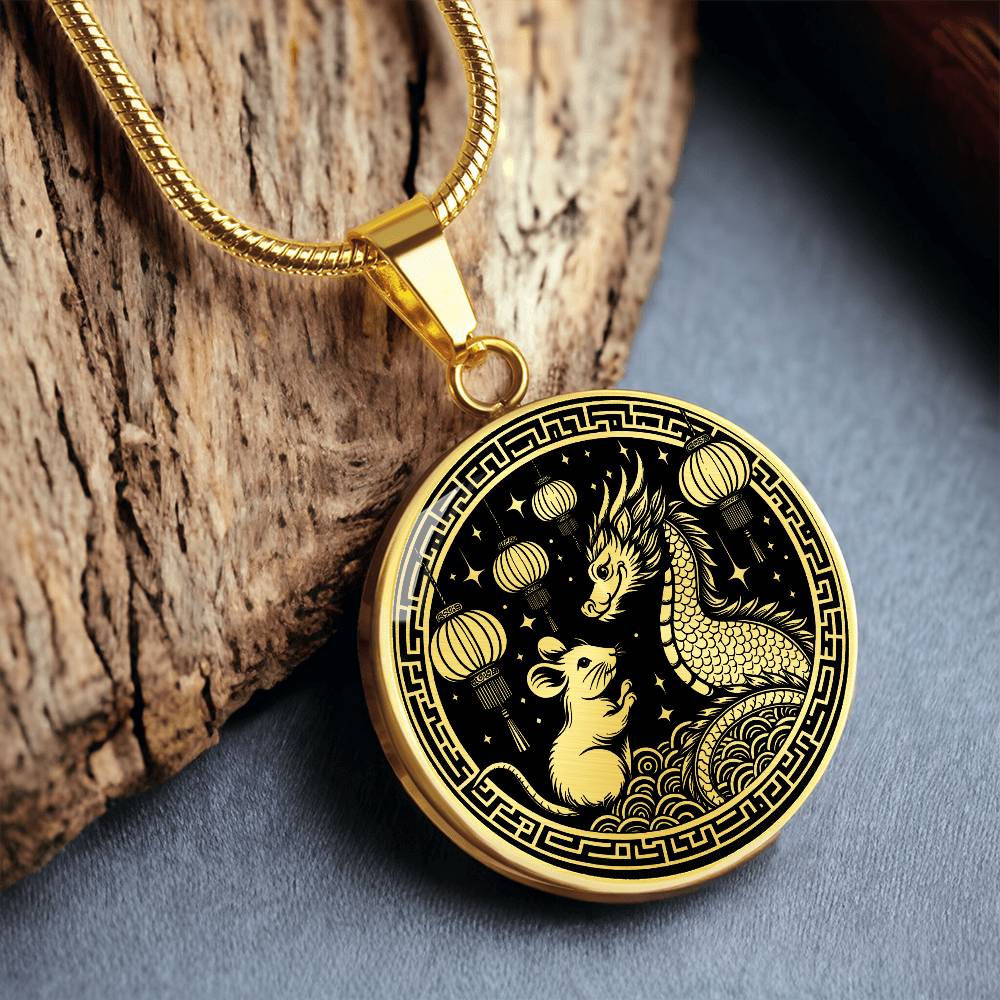 An Elegant gold pendant featuring a Year of the Rat and Year of The Dragon Necklace in gold and black. This jewelry offers personalization with an engraving option for a name.