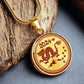 Elegant gold pendant necklace featuring a vivid red Dragon, set against a gold backdrop. This jewelry offers personalization with an engraving option for a name.