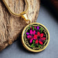 Elegant gold pendant featuring a vivid red, Pink & Purple honeysuckles, Junes birth month flower, set against a black backdrop with the metal shinning through. This necklace offers personalization with an engraving option for a name
