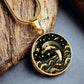 an Elegant gold pendant featuring a vivid gold Dolphin Necklace with a Stars and Ocean Waves set against a gold and black backdrop. This jewelry offers personalization with an engraving option for a name.