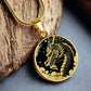 an Elegant gold pendant Chinese Dragon necklace featuring a vivid gold dragon with stars and clouds set against a black backdrop. This jewelry offers personalization with an engraving option for a name.