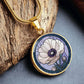 an Elegant gold pendant Anemone Necklace. The Colors are Purple Gray, Dark Green. This jewelry offers personalization with an engraving option for a name.