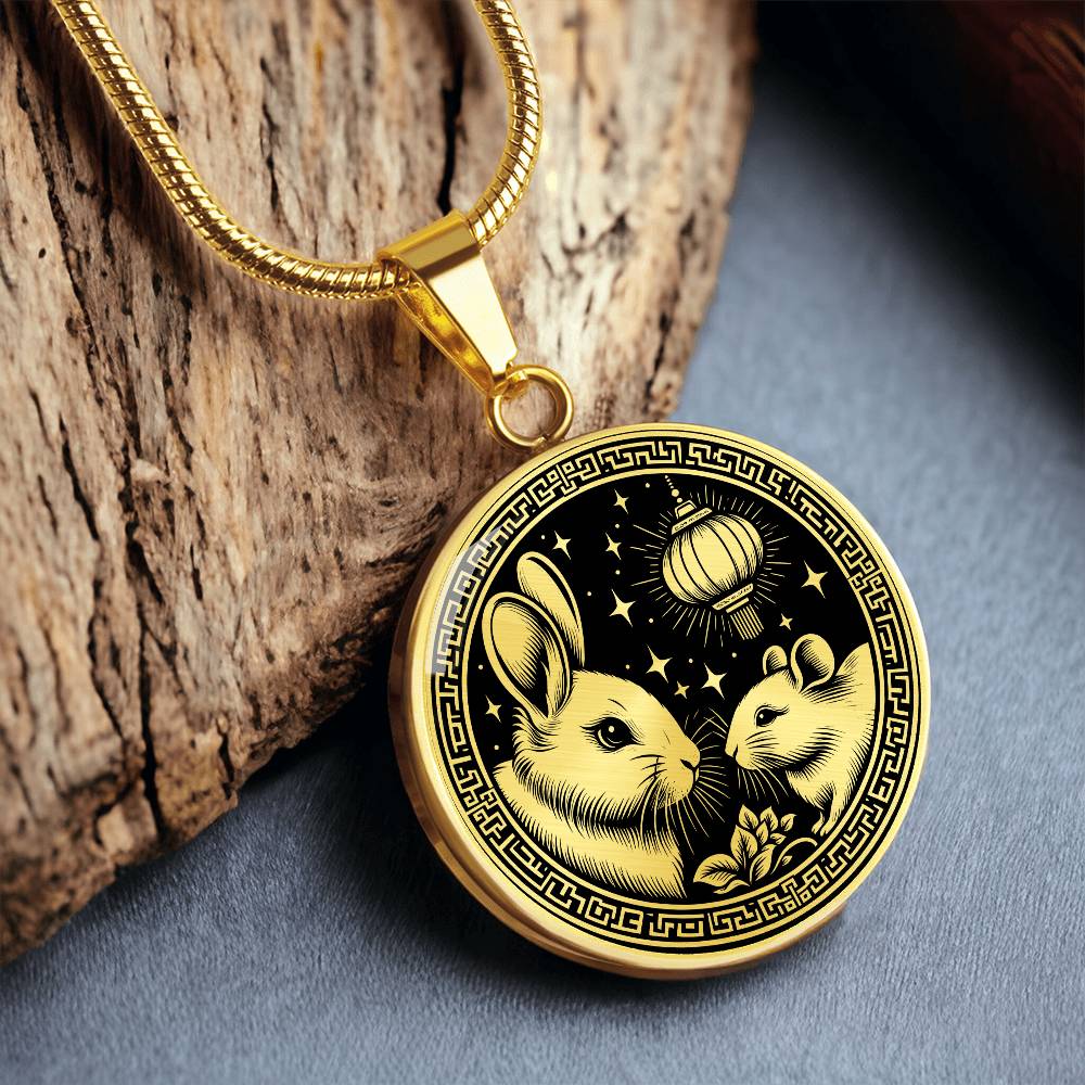 An Elegant gold pendant featuring a Year of the Rat and Year of The Rabbit Necklace in gold and black. This jewelry offers personalization with an engraving option for a name.