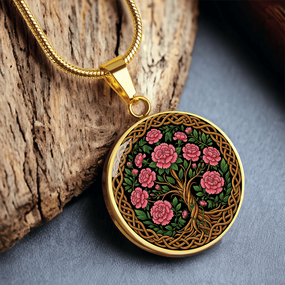 Celtic Tree of Life Pendant Necklace - Carnation January Birth Flower Jewelry