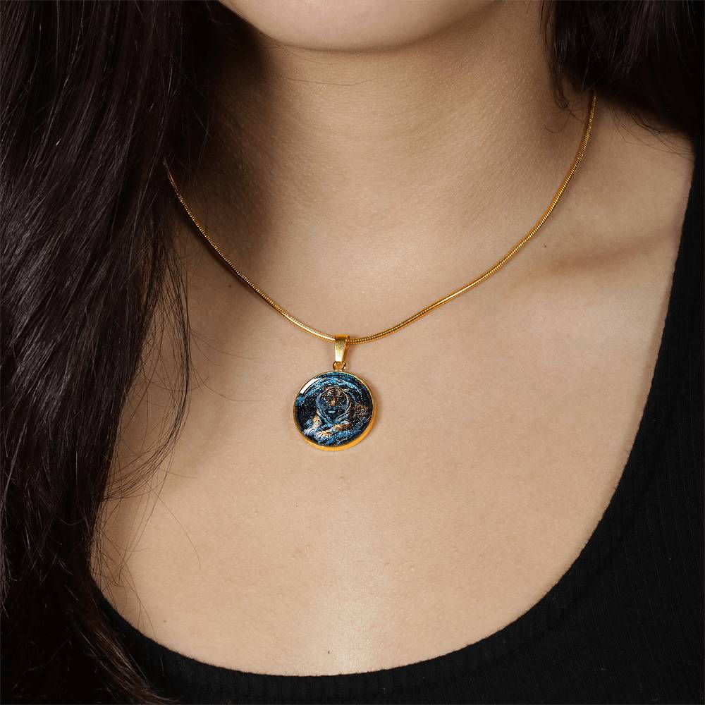 Woman wearing an elegant gold pendant Chinese Zodiac Tiger Necklace. The colors are blue, black, orange, white and yellow. This jewelry offers personalization with an engraving option for a name.