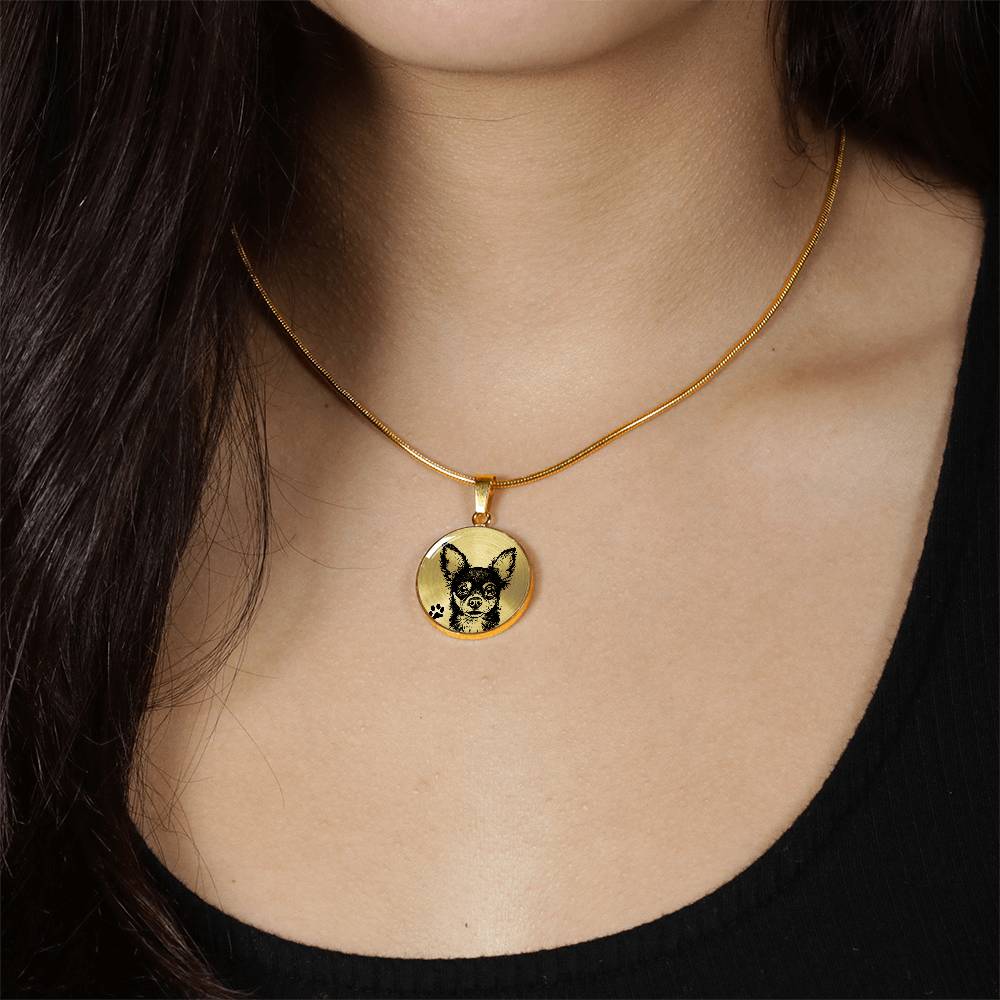 Women wearing An Elegant gold pendant Chihuahua Dog Necklace. The Chihuahua Design is in Gold and Black with a black paw print. This jewelry offers personalization with an engraving option for a name.