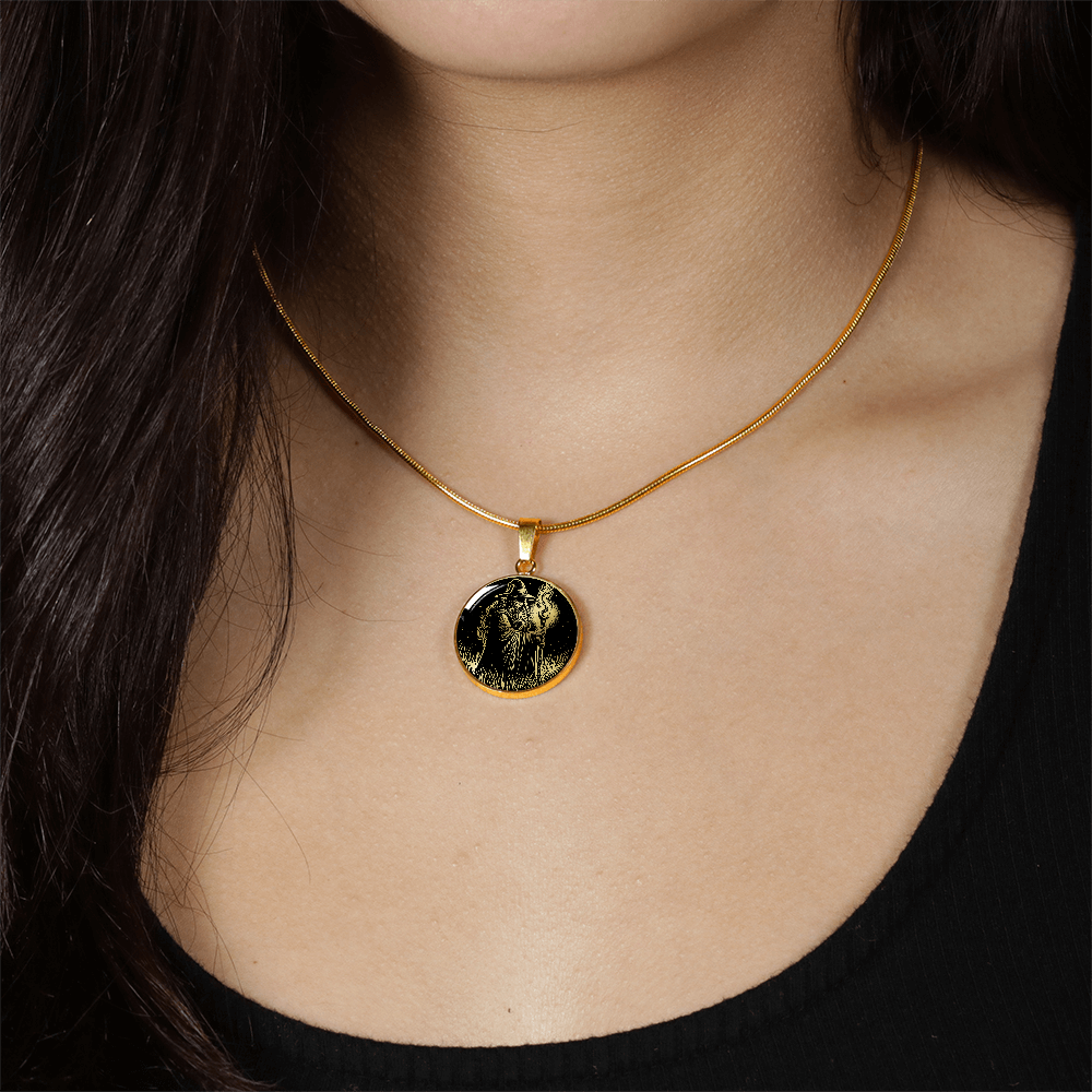 Woman wearing An Elegant gold pendant featuring a Fantasy Wizard Necklace in gold and black. This jewelry offers personalization with an engraving option for a name.