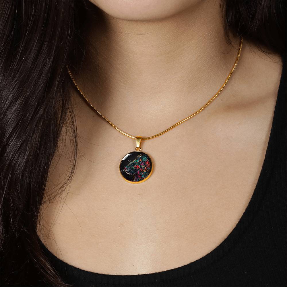 Woman wearing an elegant gold pendant multicolored Chinese Zodiac Rat Necklace. This jewelry offers personalization with an engraving option for a name.