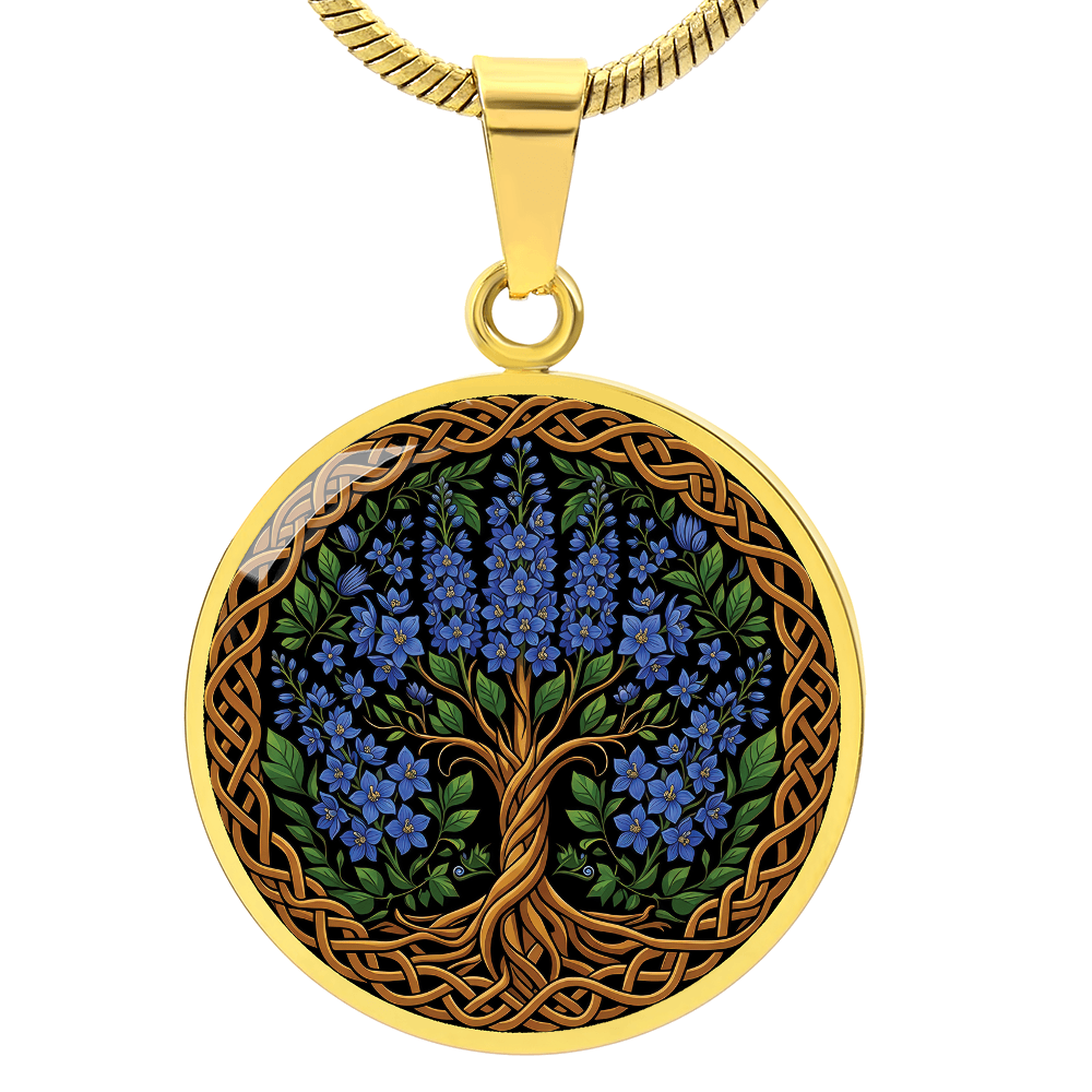 Celtic Tree of Life Pendant Necklace - Larkspur July Birth Flower Jewelry