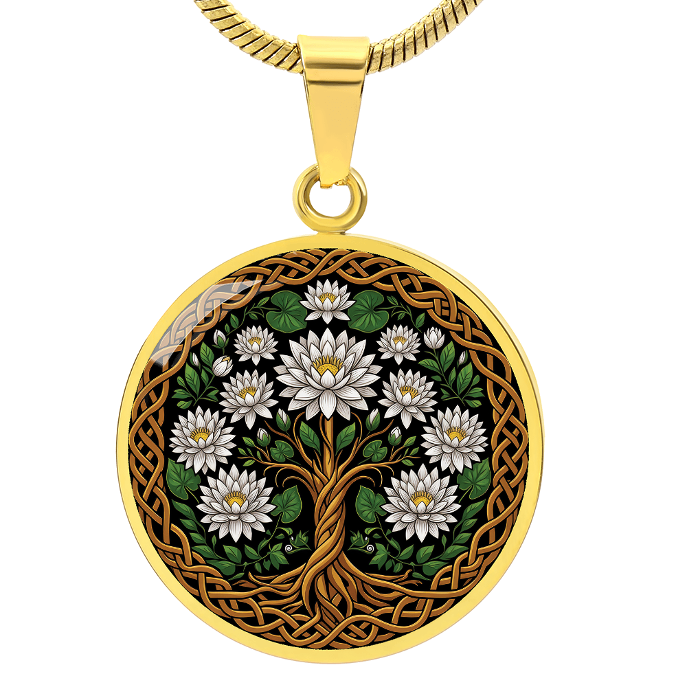 Celtic Tree of Life Pendant Necklace - Water Lily July Birth Flower Jewelry
