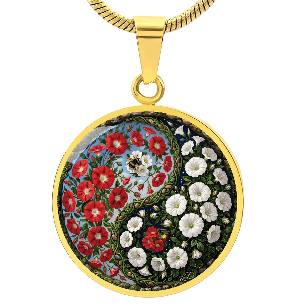 Red and White Morning Glory Yin Yang Necklace - September Birth Month Flower Pendant Jewelry