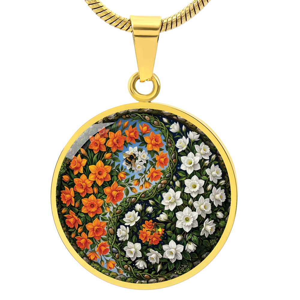 Daffodil Yin Yang Necklace - March Birth Month Flower Pendant Jewelry