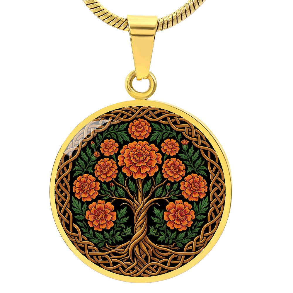 Celtic Tree of Life Pendant Necklace - Marigold October Birth Flower Jewelry