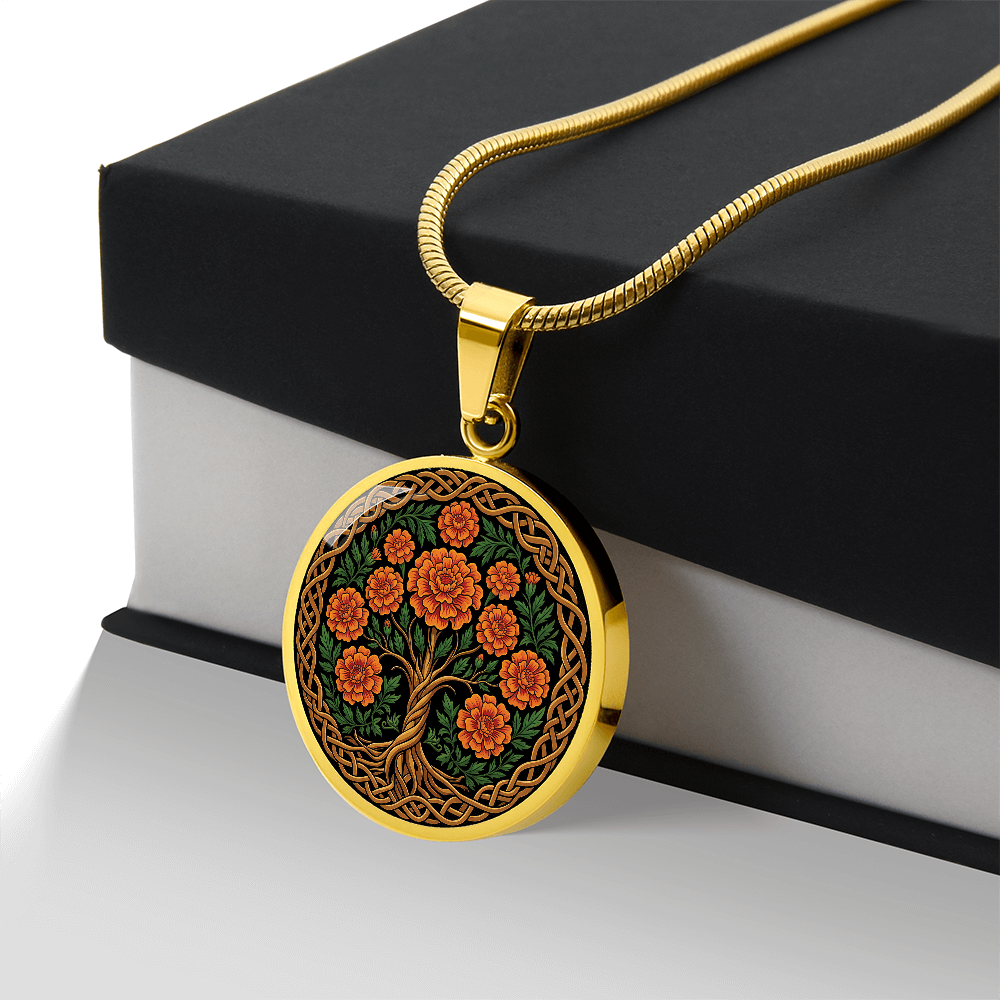 Celtic Tree of Life Pendant Necklace - Marigold October Birth Flower Jewelry