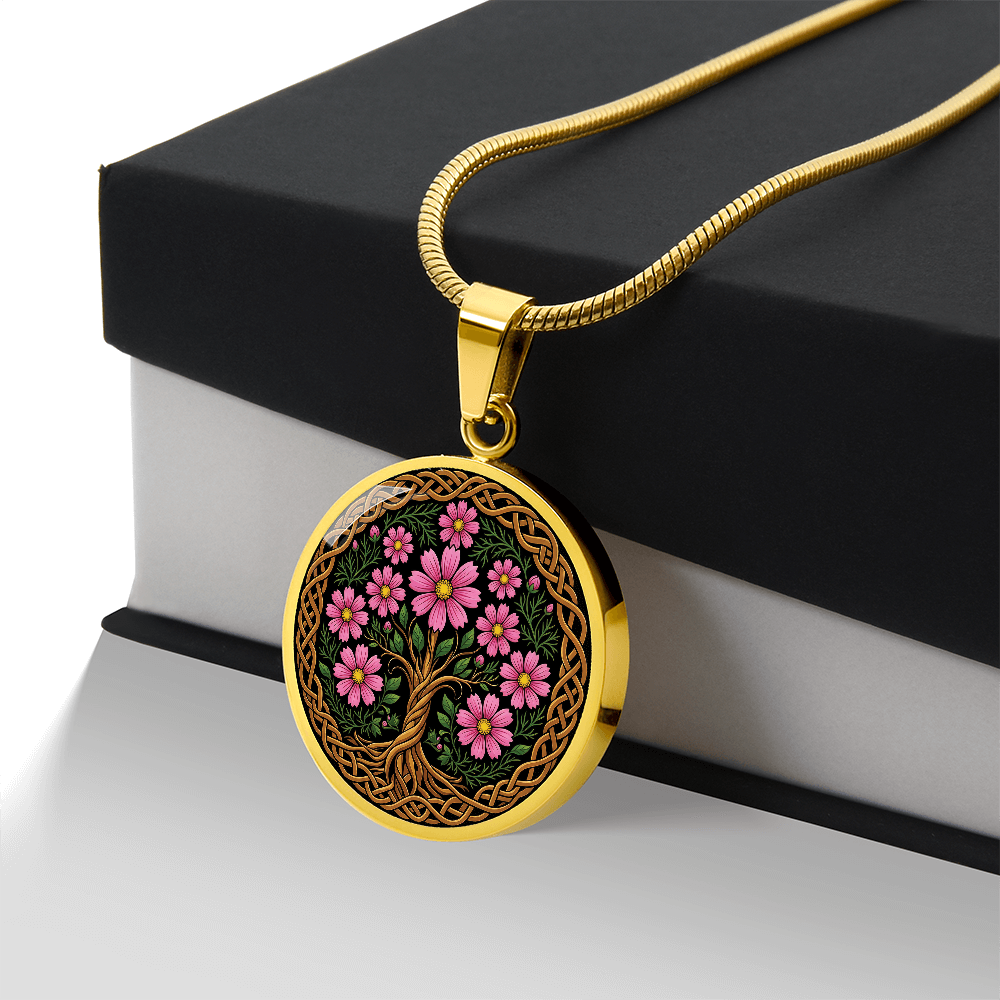 Celtic Tree of Life Pendant Necklace - Cosmos October Birth Flower Jewelry