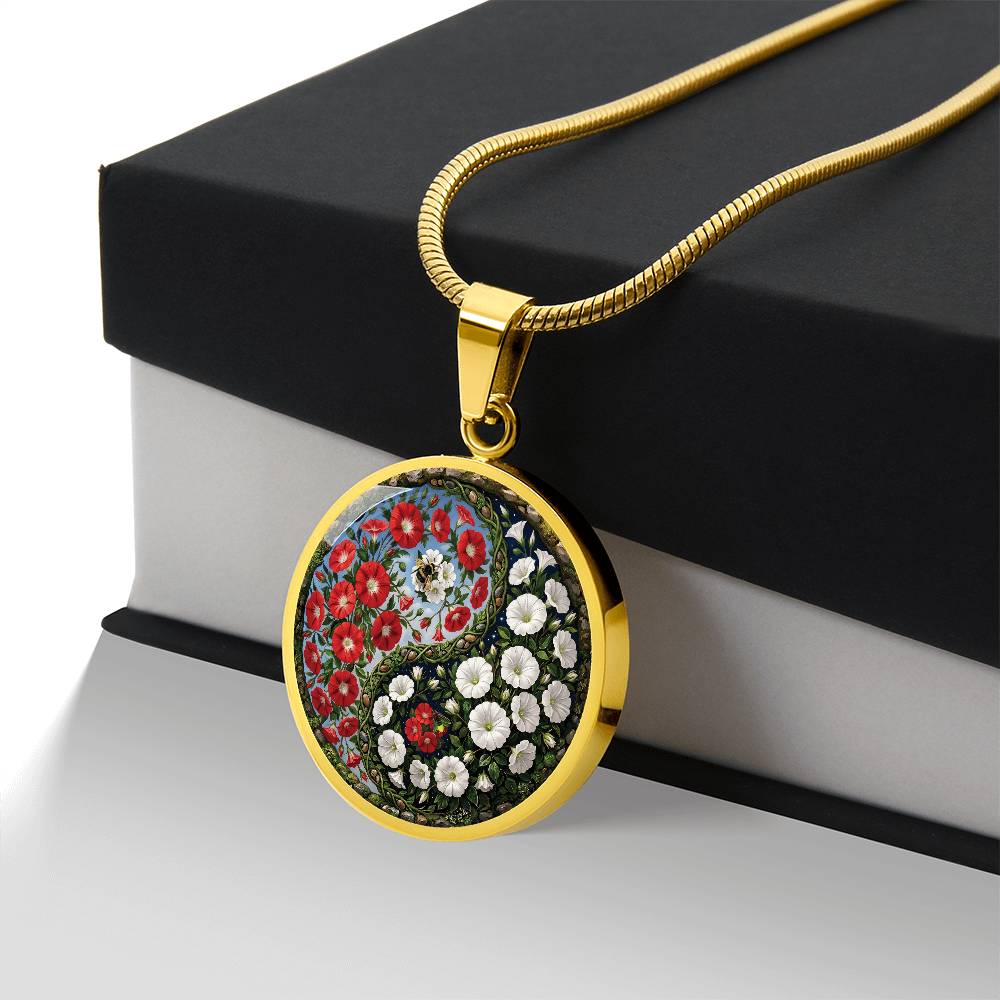 Red and White Morning Glory Yin Yang Necklace - September Birth Month Flower Pendant Jewelry