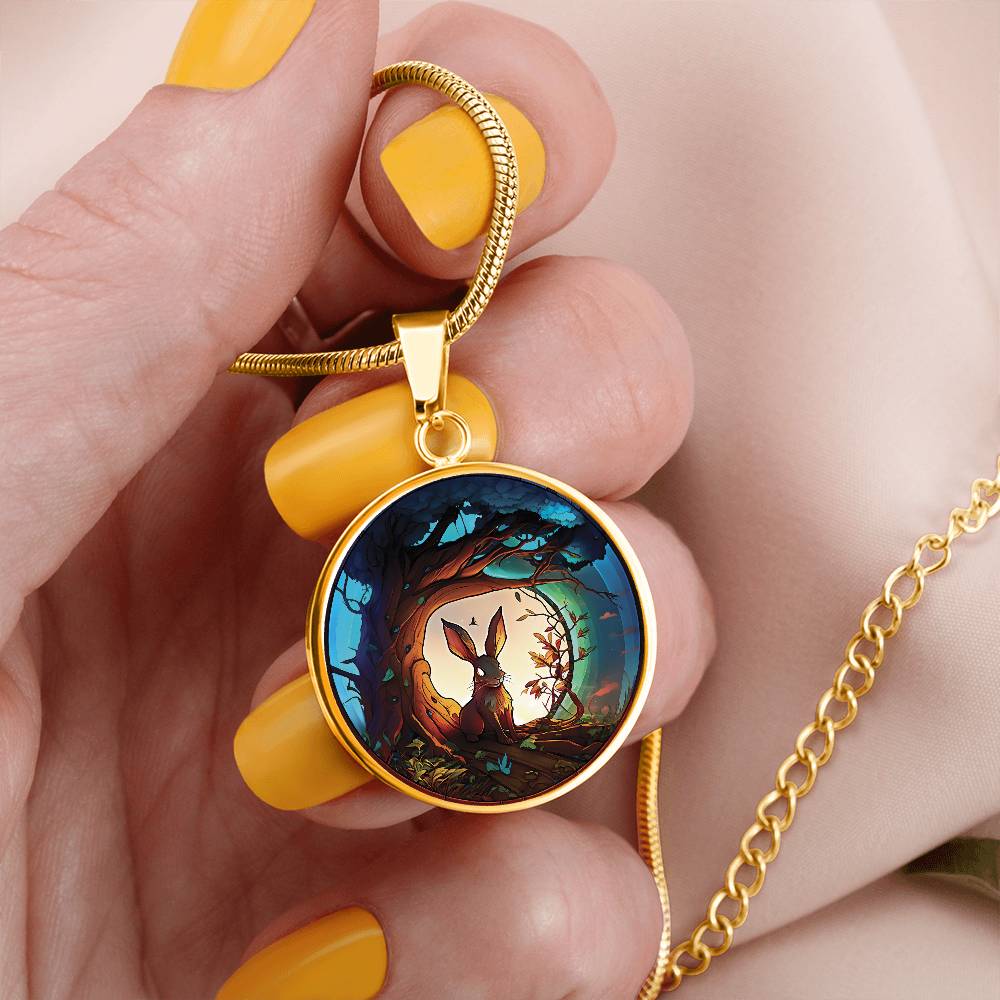 Woman holding an elegant gold pendant Wood Rabbit Necklace. The Colors are brown, white, green, blue, yellow and red. This jewelry offers personalization with an engraving option for a name.