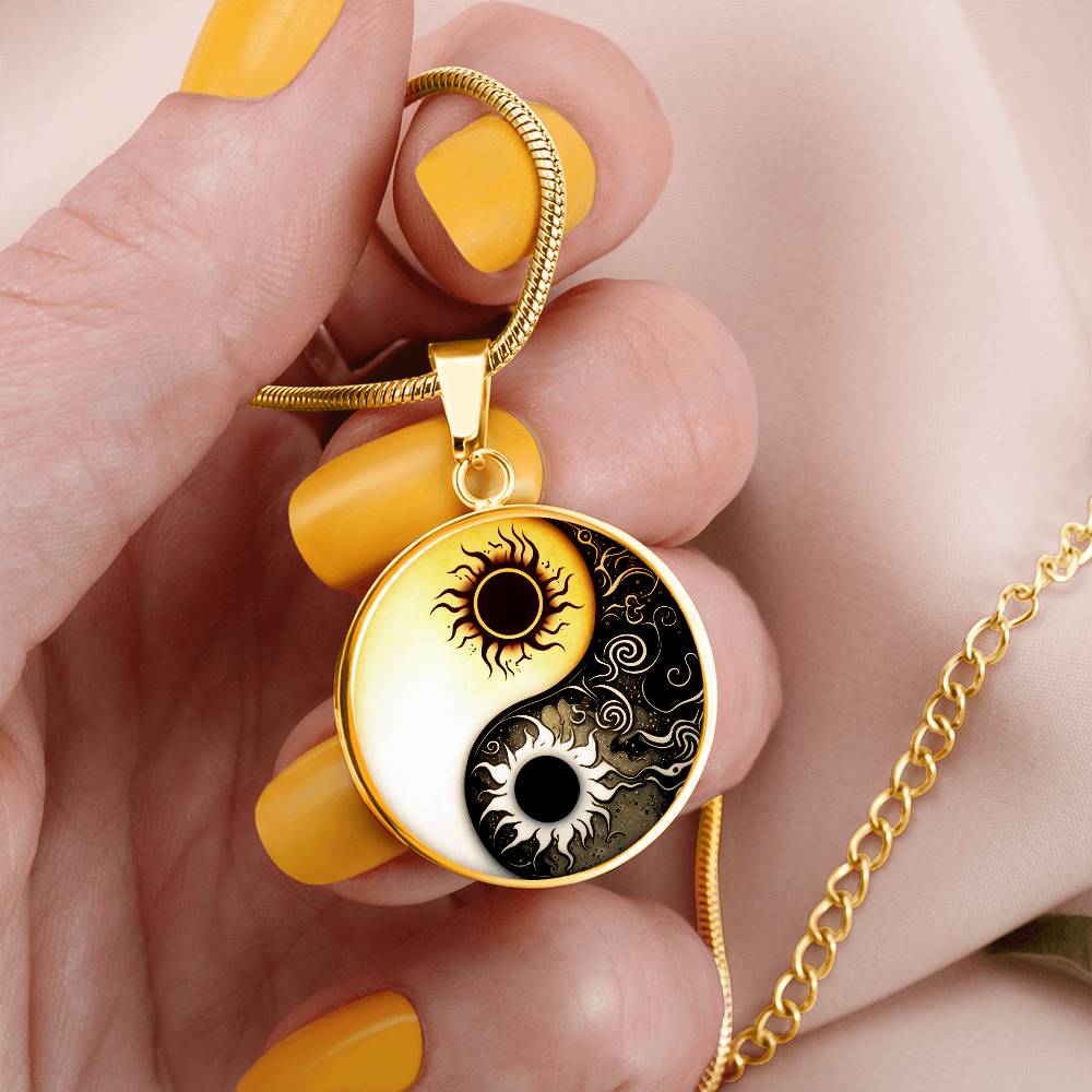 Woman Holding a sun and moon Gold Yin Yang Necklace