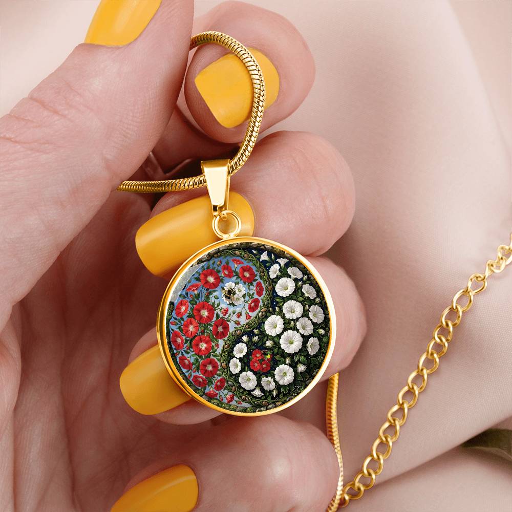 Red and White Morning Glory Yin Yang Necklace - September Birth Month Flower Pendant Jewelry