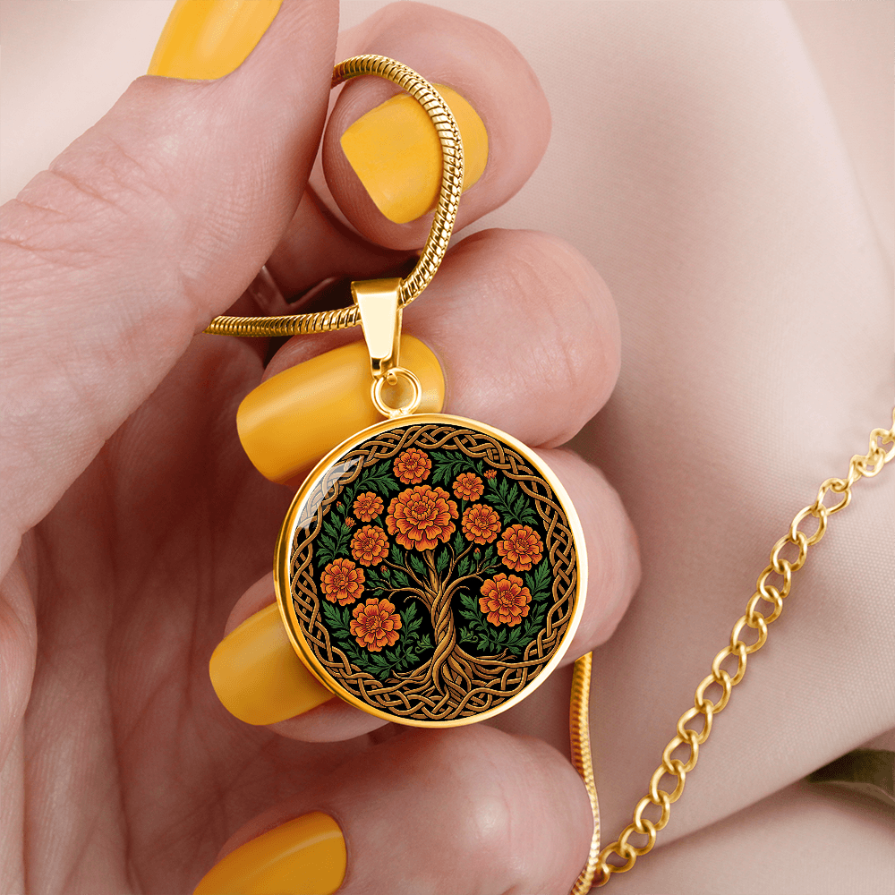 Celtic Tree of Life Pendant Necklace - Marigold October Birth Flower Jewelry