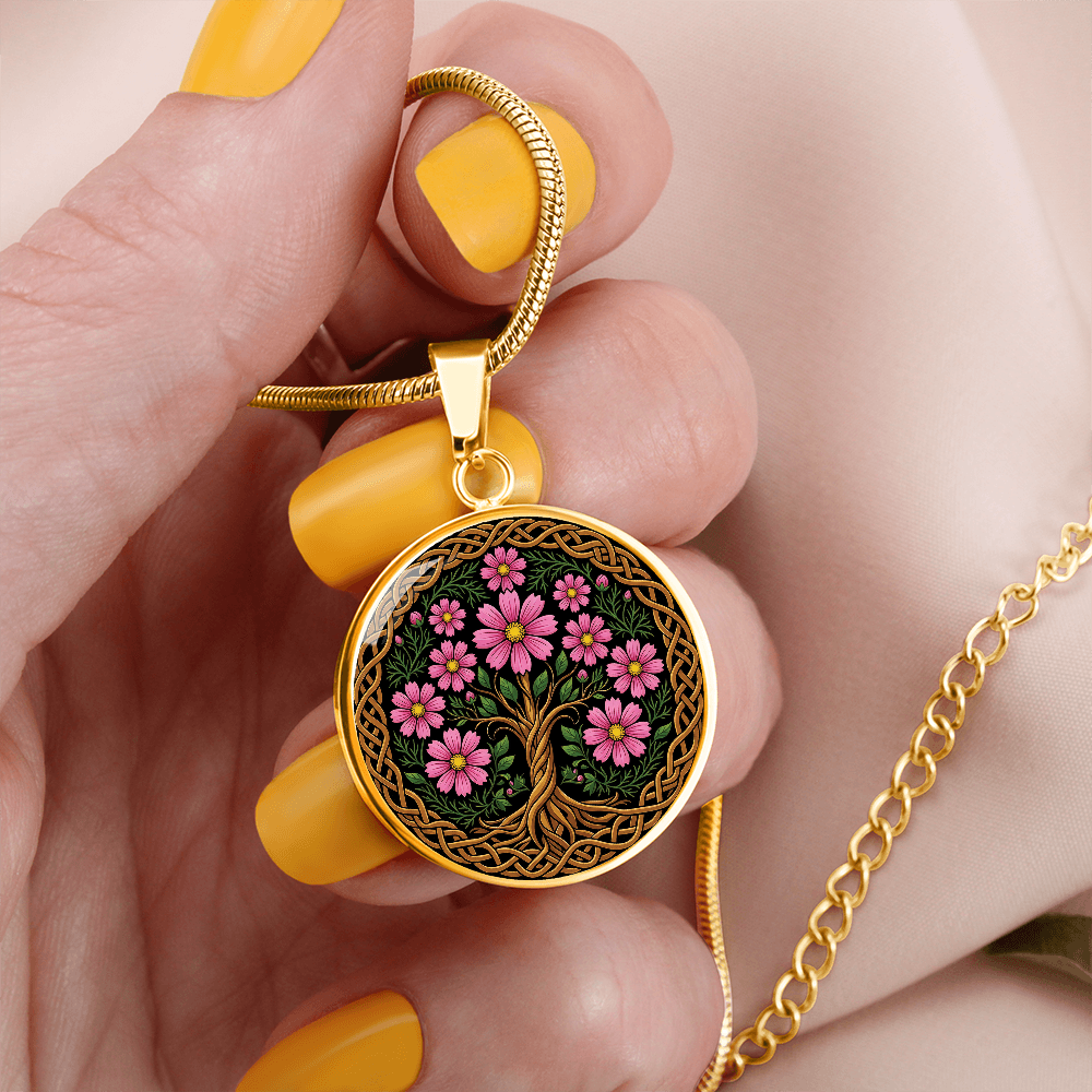 Celtic Tree of Life Pendant Necklace - Cosmos October Birth Flower Jewelry